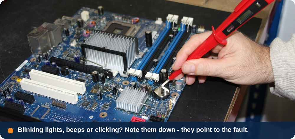 Blinking lights, beeps or clicking point to a specific hardware fault