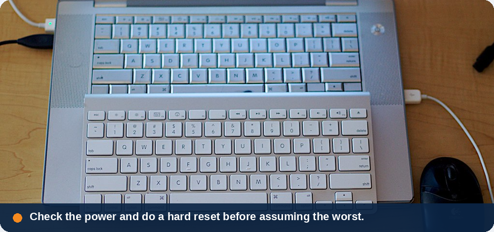 Check the laptop's power and charger before assuming the worst